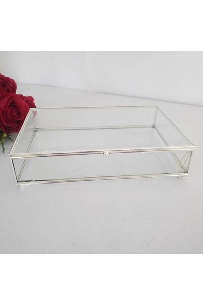 Gelincimherşey Large Size Footed Glass Box with Silver Rectangular Lid