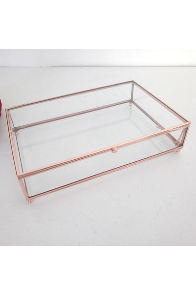 Gelincimherşey Rose Gold Rectangular Large Size Footed Glass Box with Lid