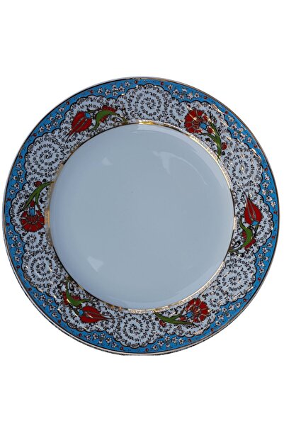 Armada Çini Armada Cini Prt 55 25 سم أزرق ذهبي مذهب توليب قرنفل منقوش بورسلين الخط طبق جيني