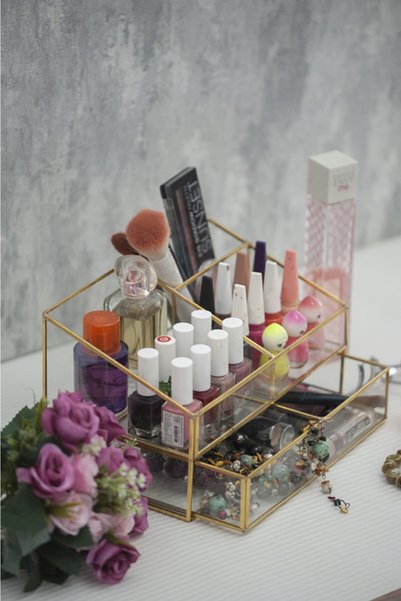 Ahşap Fikir Peron Gold Drawer Organizer Makeup Glass Box