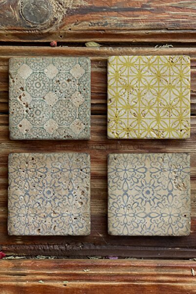 Oscar Stone Decor Colorful Pattern Tile Printed Natural Stone Coasters Set of 4