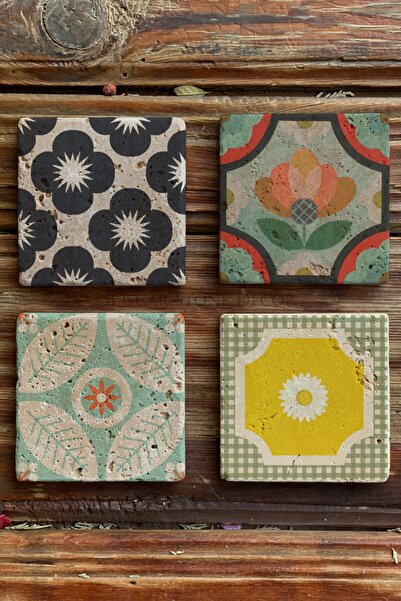Oscar Stone Decor Baskılı Doğaltaş Bardak Altlığı 4'lü Set Desen Tile
