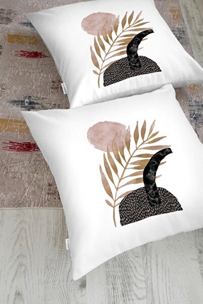 Realhomes Beyaz Zemin Üzerinde Gold Yaprak Motifli Dekoratif Yer Minderi