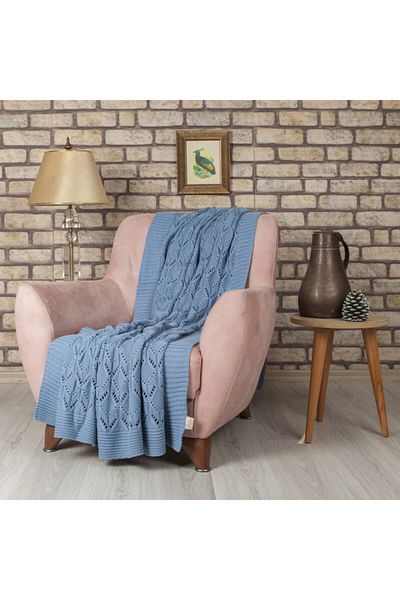Betires Home شال أريكة محبوك باللون الأزرق