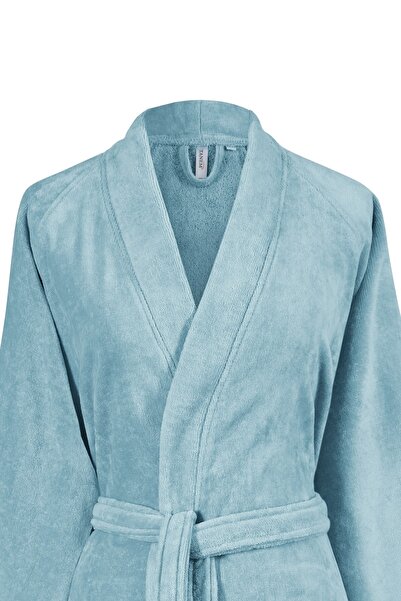 Tanem Home Kimono Bornoz Kadife Aqua %100 Pamuk Tek Nakışlı Dantelli