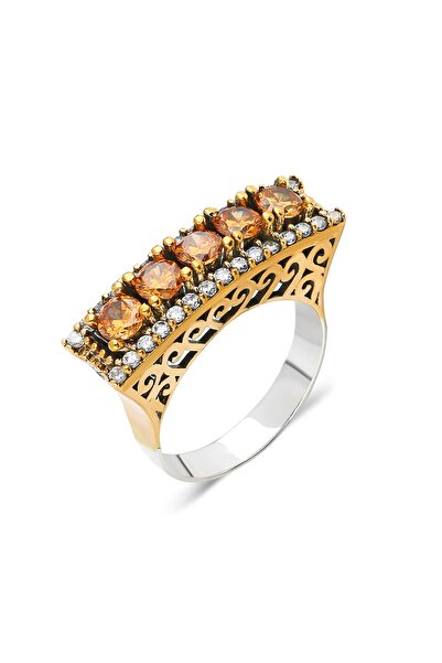 Güçlü Kuyumculuk Kadın Beş Taş Sitrin Taşlı Otantik Gümüş Yüzük