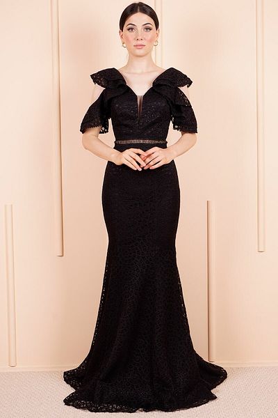 SpringStore Rochie de seara lunga din guipur cu guler cu volan negru