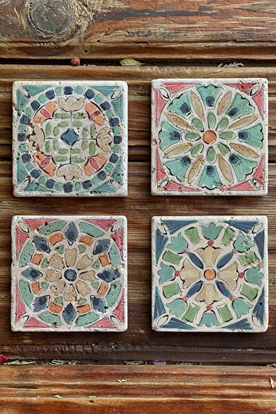Oscar Stone Decor Baskılı Doğaltaş Bardak Altlığı 4'lü Set Desen Tile