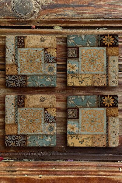 Oscar Stone Decor Baskılı Doğaltaş Bardak Altlığı 4'lü Set Desen Tile