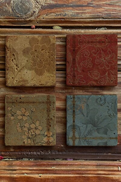 Oscar Stone Decor Baskılı Doğaltaş Bardak Altlığı 4'lü Set Desen Tile