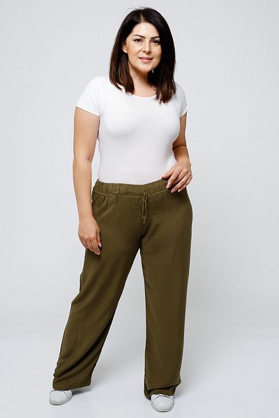 Ebsumu Women's Large Size Elastic Waist Wide Leg Viscose Khaki Pants