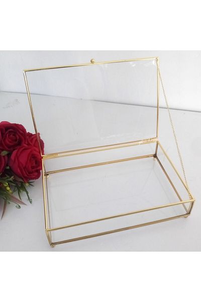 Gelincimherşey Large Size Footed Glass Box with Gold Rectangular Lid