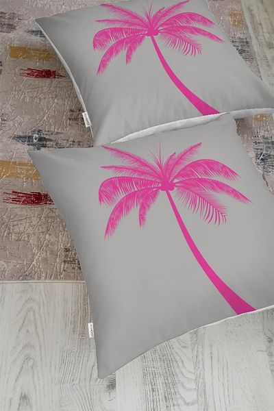 Realhomes Pernă de podea modernă cu motiv de palmier fucsia pe fundal gri