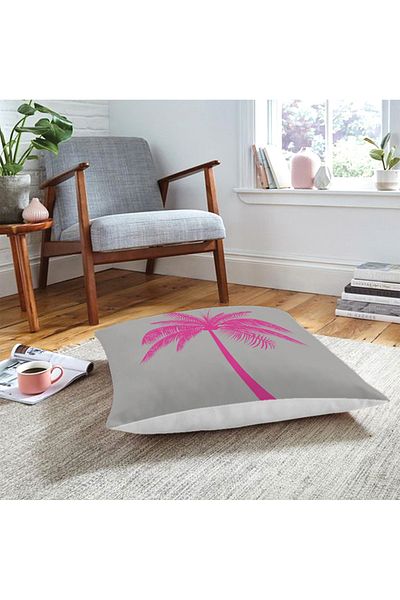 Realhomes Pernă de podea modernă cu motiv de palmier fucsia pe fundal gri
