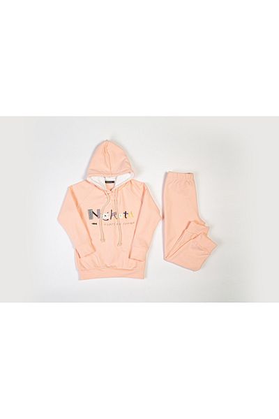 Pamuk & Pamuk Nekota Printed Apricot Color Hooded Girl's Tracksuit Set