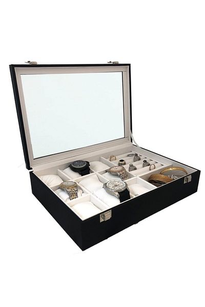 STAND MARKET Watch Box 9 Pieces with Jewelry Compartments Black Inside White