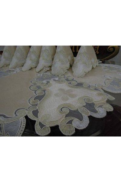Firuze 16 Piece Velvet French Laced Lounge Set - Cappichino