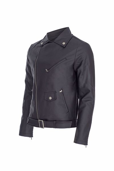 Oliggopol Мъжко кожено яке Slim Fit с диагонален цип и колан в черно