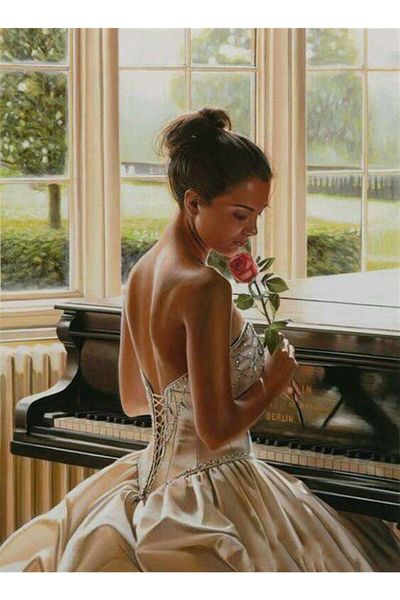 MARCEL SANAT Piano Rose and Woman Diamond Mosaic Painting 41X56Cm