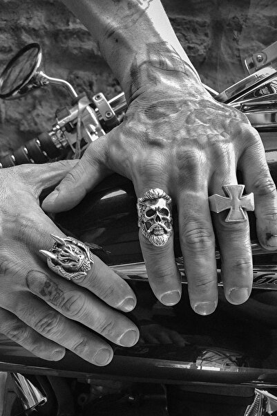 CAPO by Aytaç Yamaç Motorcu Tarzı 3lü Yüzük Seti Erkek Ayarlanabilir Kurukafa...