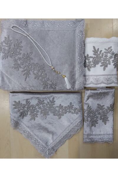 Lamazihome Gri Kadife Seccade Takımı 5 Parça Çeyizlik Bohça Gelin Seti - Gri ...