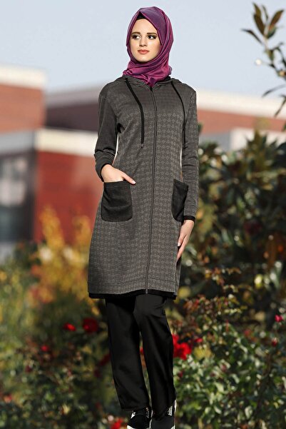 Genel Markalar Kadın, (GRİ) Spor Fermuarlı Kapüşonlu Cepleri Dantelli Tesettür Pardösü Mgp7001