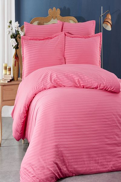 MAJESTE Fabricator Delux Striped 100% Natural Cotton Satin Duvet Cover Set Double (6 Pieces) - pink