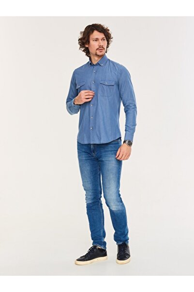 Chamis Slimfit Mavi Denim Düğmeli Yaka Gömlek