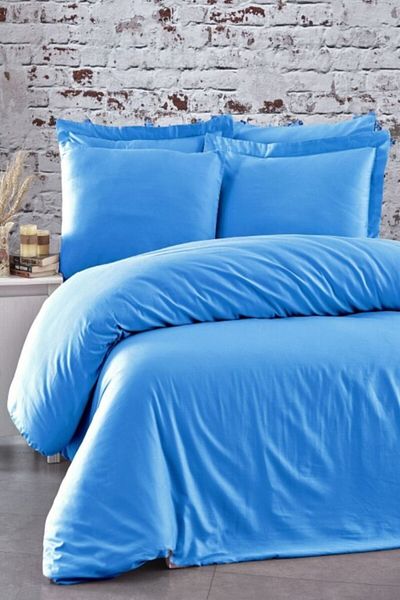 MAJESTE Fabricator Delux 100% Natural Cotton Satin Duvet Cover Set Double (6 Pieces) Platinum Solid Color-blue