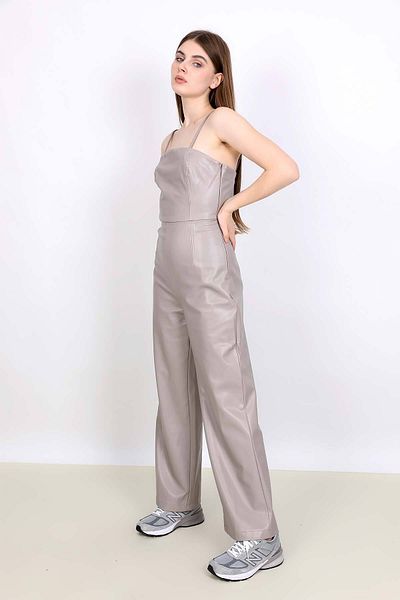 NİLİST Stone Colored Strap Leather Look Jumpsuit