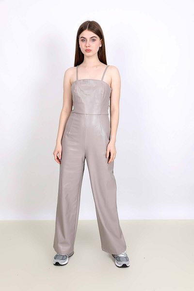 NİLİST Stone Colored Strap Leather Look Jumpsuit