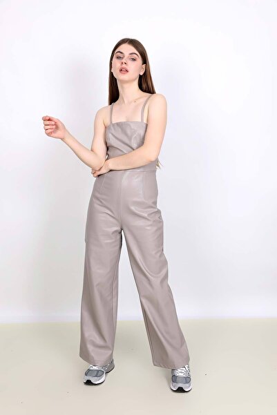 NİLİST Stone Colored Strap Leather Look Jumpsuit