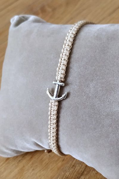 Qirpi Anchor Figured Macrame Bracelet Hand Knitted Beige Color 24 Cm