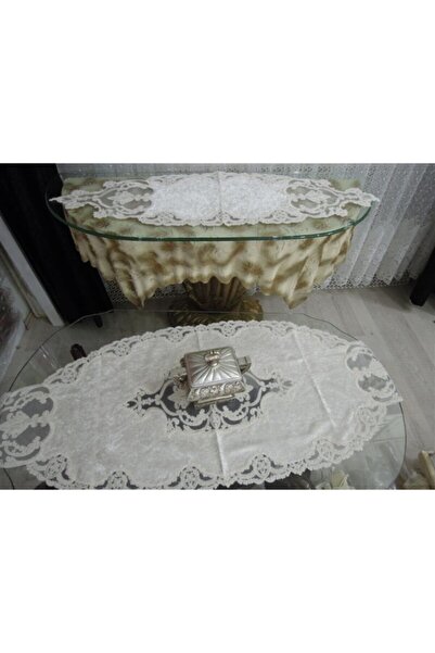 ladantela 5 Parça Kadife Salon Örtü Takımı Krem