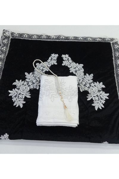 ceyizimdekor 3 Piece Black Velvet Prayer Rug Towel Rosary Bundle Set