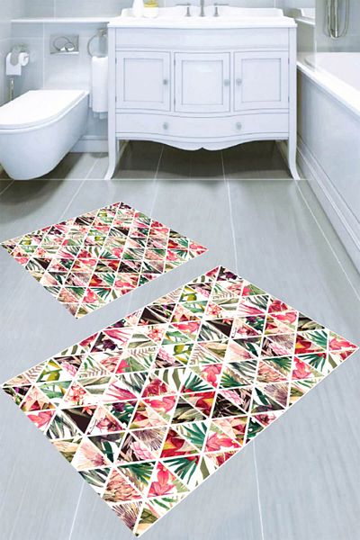 MODANOİVA سجادة حمام منقوشة بزخارف أوراق المثلث مكونة من قطعتين (50x60 - 60x100)