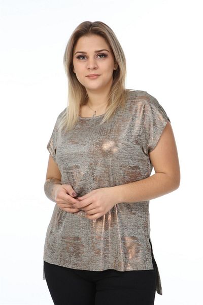 Seamoda Short Sleeve Glitter Printed Slit T-shirt-coffee Copper