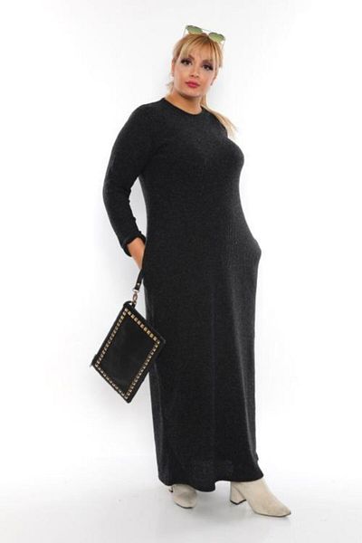 Şirin Butik Γυναικείο Μακρύ Φόρεμα Μαύρο Σπασμένο Καμισόλα Plus Size