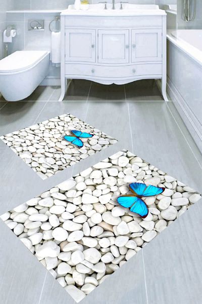 MODANOİVA White Pebbles and Butterfly 2-Piece Bath Mat (50x60 - 60x100)
