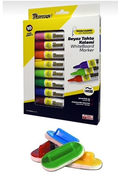 Brons Whiteboard Marker Doldurulabilir Beyaz Tahta Kalemi Seti 10 Renk + 4 Adet Tahta Silgisi