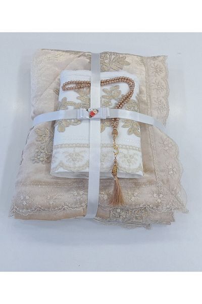 ceyizimdekor 3 Piece Velvet Prayer Rug Towel Rosary Bundle Set