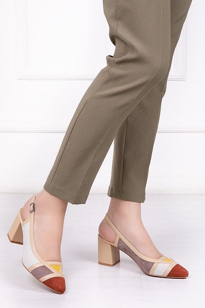 Deripabuc Genuine Leather Beige Multi Women's Heeled Leather Shoes Shn-0075