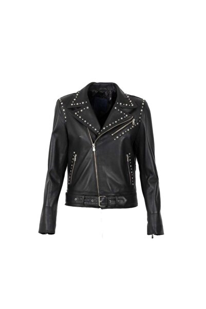 By Motto Siyah Zımbalı Hakiki Deri Bayan Motorcu Montu Alandra
