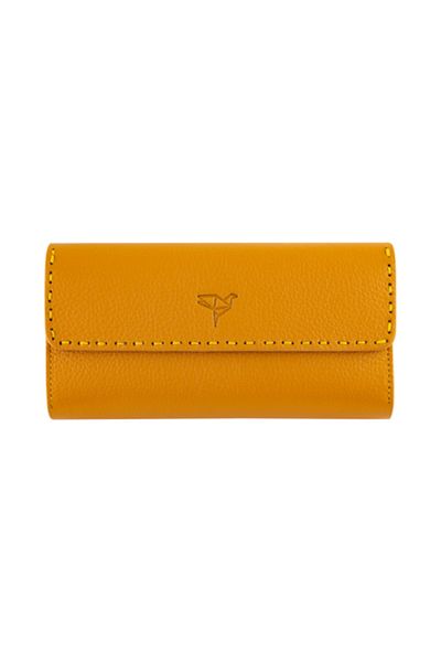 Garbalia Γνήσιο δέρμα Saddler Mustard Yellow Γυναικείο χαρτοφυλάκιο χρημάτων με ραμμένη θήκη τηλεφώνου