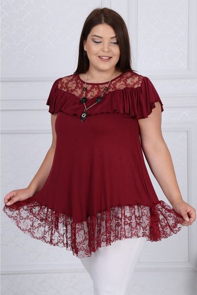 LİKRA Women's Burgundy Large Size Asymmetrical Cut Frilly Lace Detailed Viscose Tunic