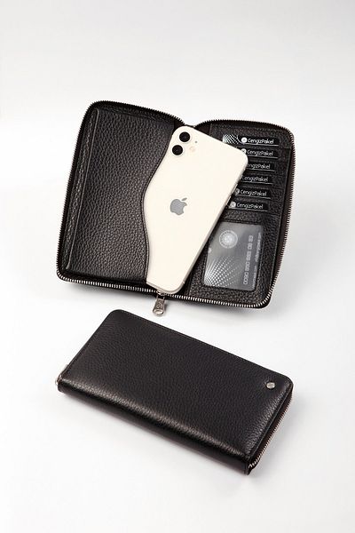 CENGİZ PAKEL Portofel de dama din piele naturala neagra cu compartiment pentru telefon