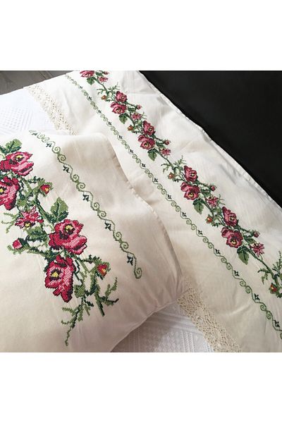 Yavuz Tekstil Cross Stitch Embroidered Single Pique Set Claret Red 100% Cotton 160 Cm X 220 Cm Claret Red