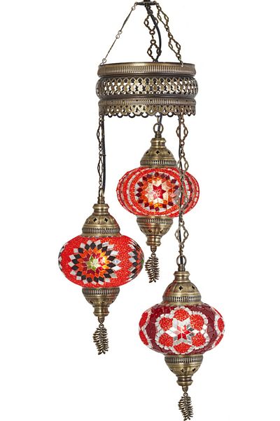 Demmex 3-Piece Authentic Ottoman Mosaic Colored Glass Pendant Chandelier, 3 Large Glass, Red