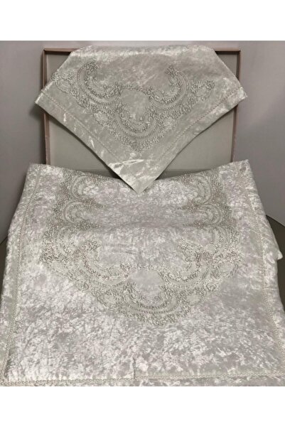 BULUT HOME Fransız Güpür Kadife Seccade Takımı Bohça Seccade Seti Ekru