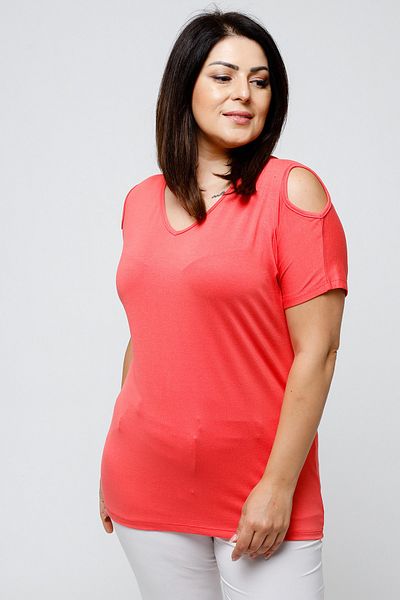 Ebsumu Women's Plus Size V-Neck Basic Off-the-Shoulder Coral T-Shirt